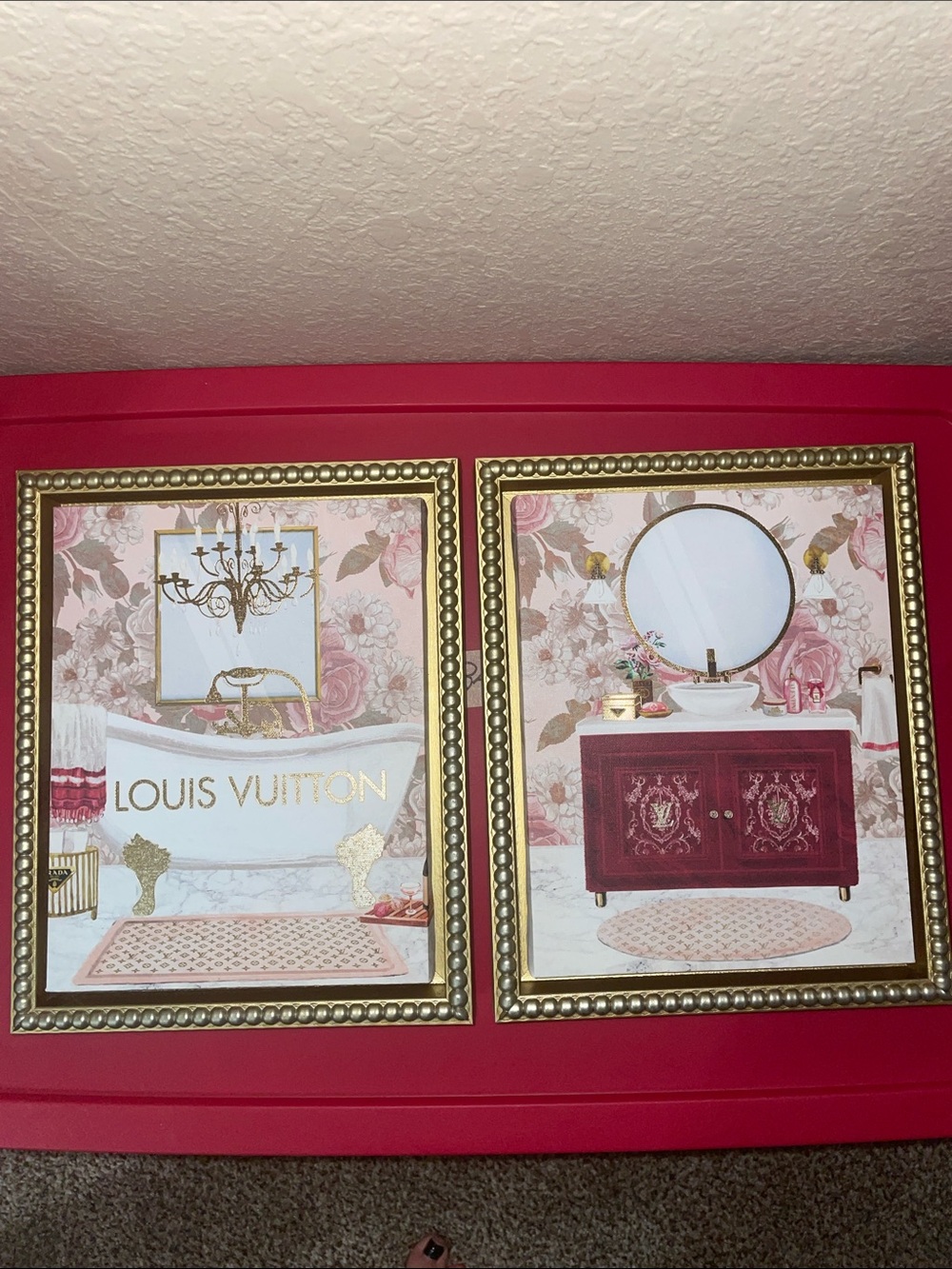 LV Pink and Gold Bathroom Vanity Mirror Art Set